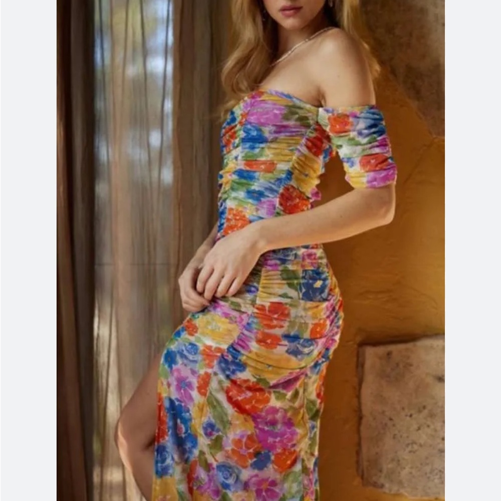 Floral Print off the shoulder mesh dress S nwt